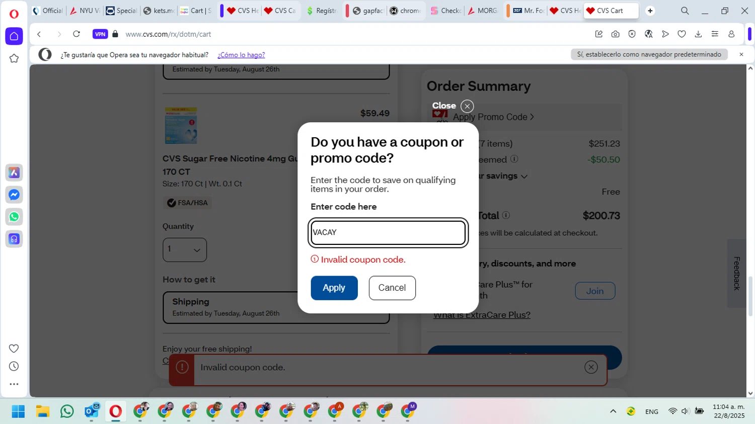 CVS Photo promo code screenshot showing code VACAY applied at CVS Photo checkout page. Uploaded by SimplyCodes community member DavidMGF on Aug 22, 2025