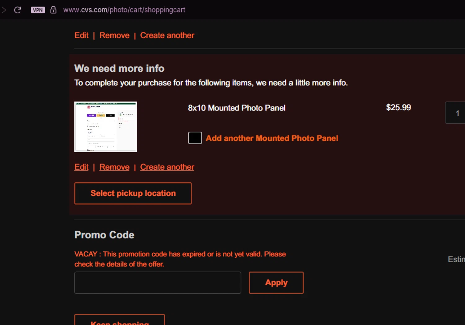 CVS Photo promo code screenshot showing code VACAY applied at CVS Photo checkout page. Uploaded by SimplyCodes community member chepipro on Aug 22, 2025