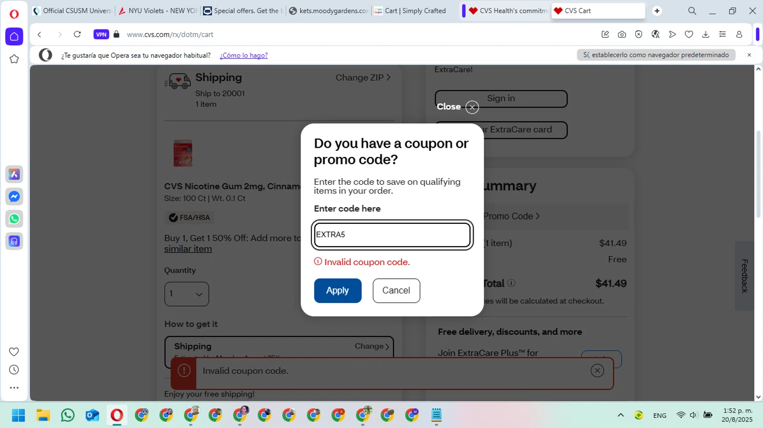 CVS Photo promo code screenshot showing code EXTRA5 applied at CVS Photo checkout page. Uploaded by SimplyCodes community member Mari_perez on Aug 20, 2025