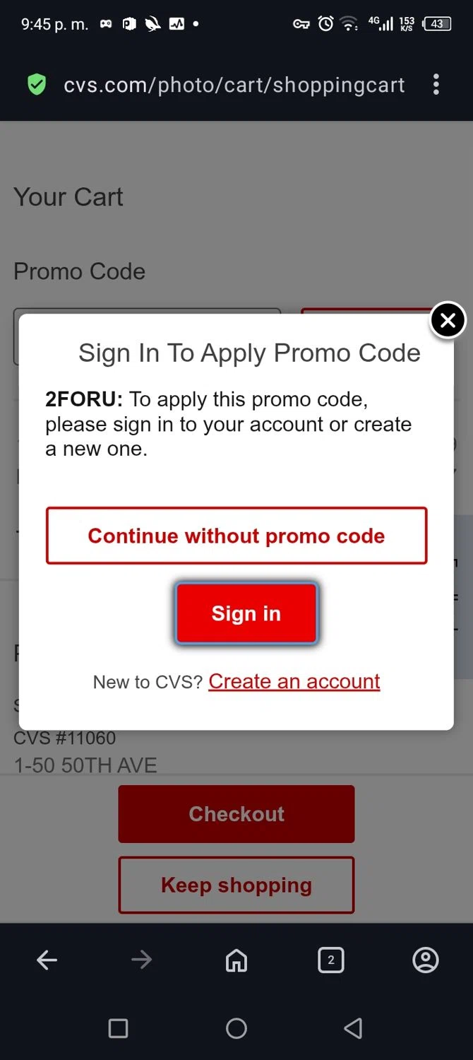 CVS Photo promo code screenshot showing code 2FORU applied at CVS Photo checkout page. Uploaded by SimplyCodes community member billgates0997923425561 on Aug 21, 2025