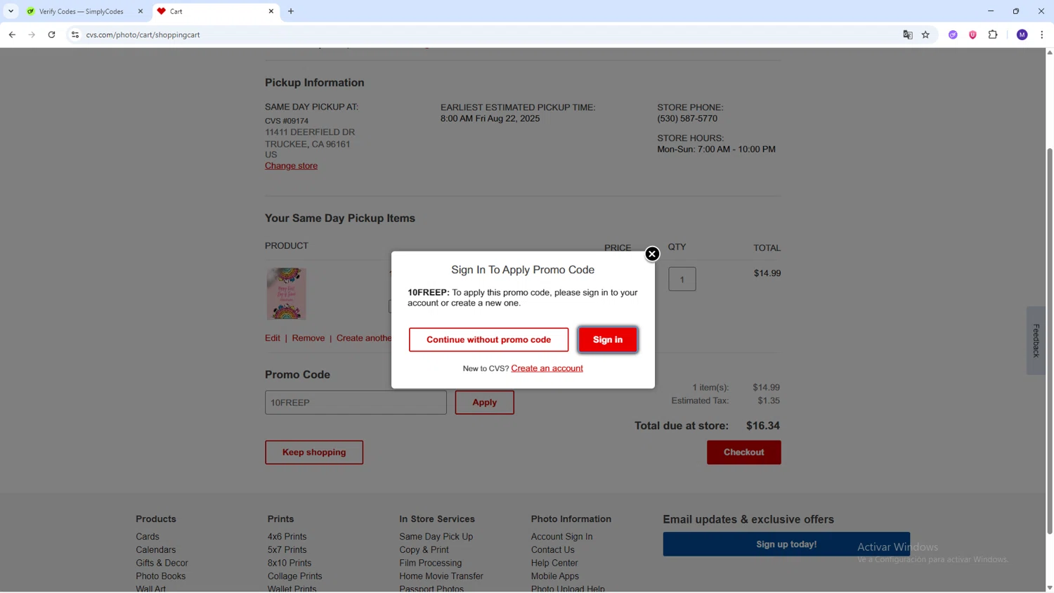 CVS Photo promo code screenshot showing code 10FREEP applied at CVS Photo checkout page. Uploaded by SimplyCodes community member CRF250CC on Aug 22, 2025