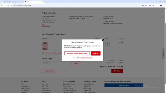 CVS Photo checkout page showing CVS Photo promo code box | Screenshot taken by SimplyCodes community member on Aug 22, 2025