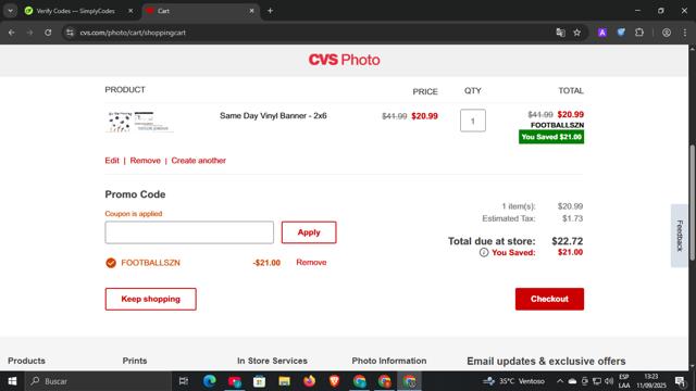 CVS Photo checkout page showing CVS Photo promo code box | Screenshot taken by SimplyCodes community member on Sep 11, 2025