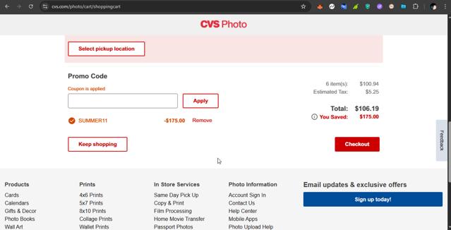 CVS Photo checkout page showing CVS Photo promo code box | Screenshot taken by SimplyCodes community member on Sep 14, 2025