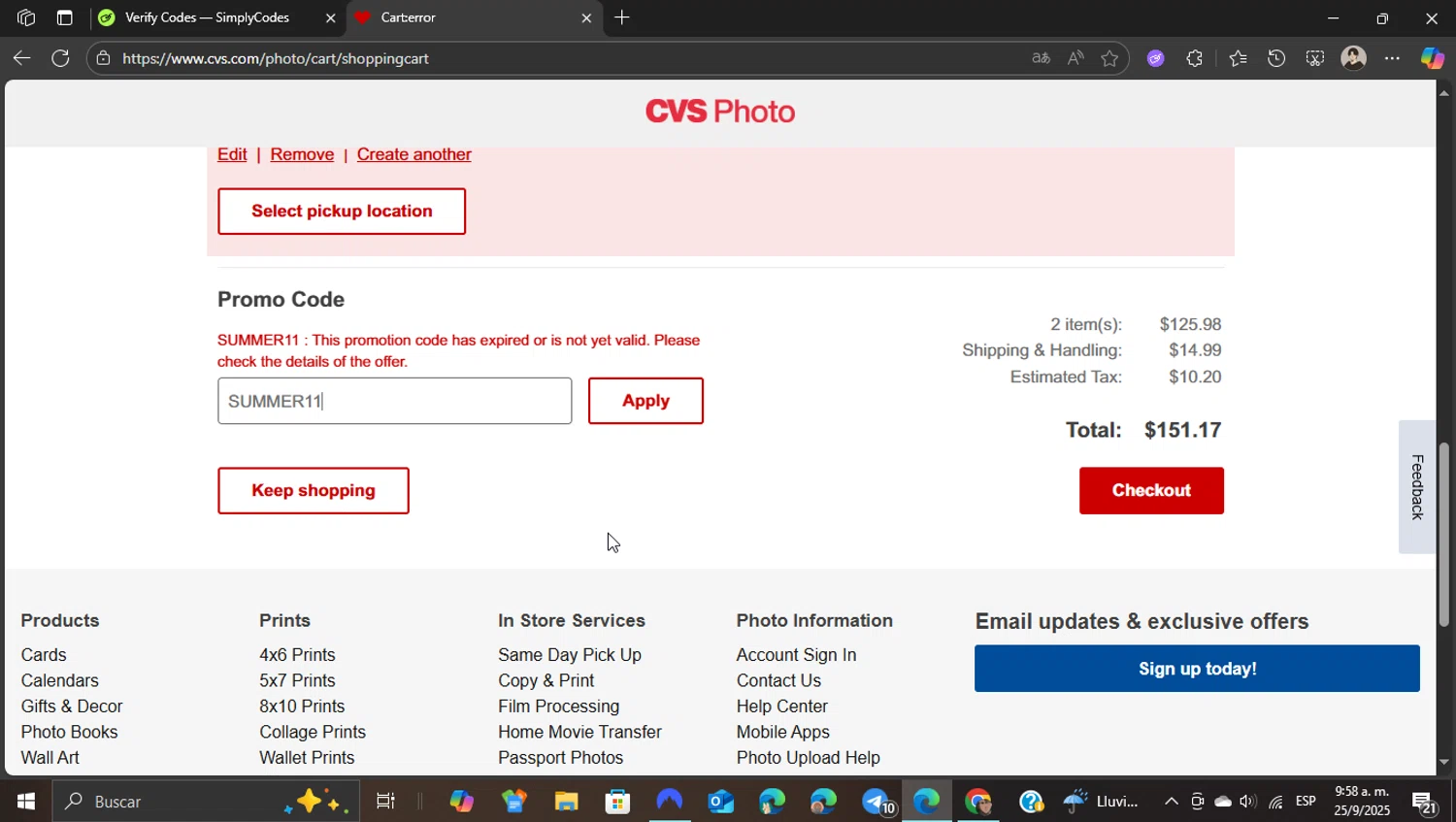 CVS Photo promo code screenshot showing code SUMMER11 applied at CVS Photo checkout page. Uploaded by SimplyCodes community member WonderKnight7884 on Sep 25, 2025