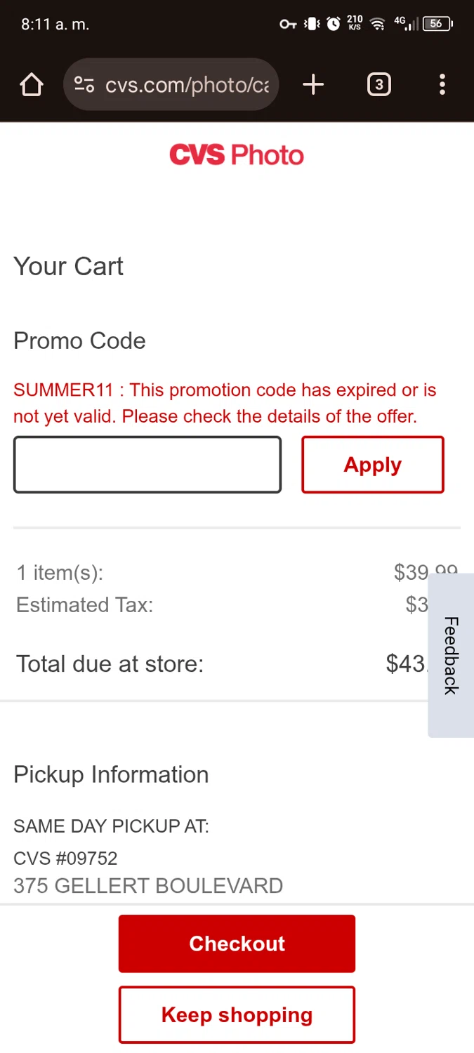 CVS Photo promo code screenshot showing code SUMMER11 applied at CVS Photo checkout page. Uploaded by SimplyCodes community member rickdanielrickdaniel on Sep 25, 2025