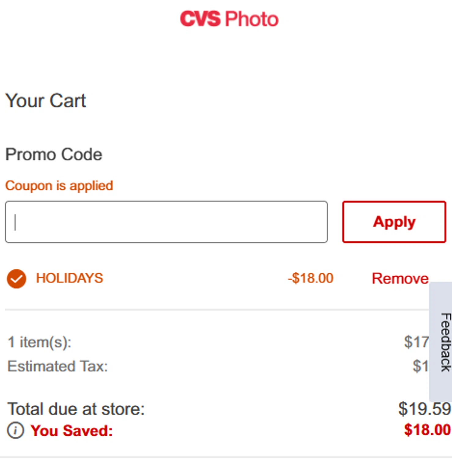 CVS Photo checkout page showing CVS Photo promo code box | Screenshot taken by SimplyCodes community member on Dec 6, 2025