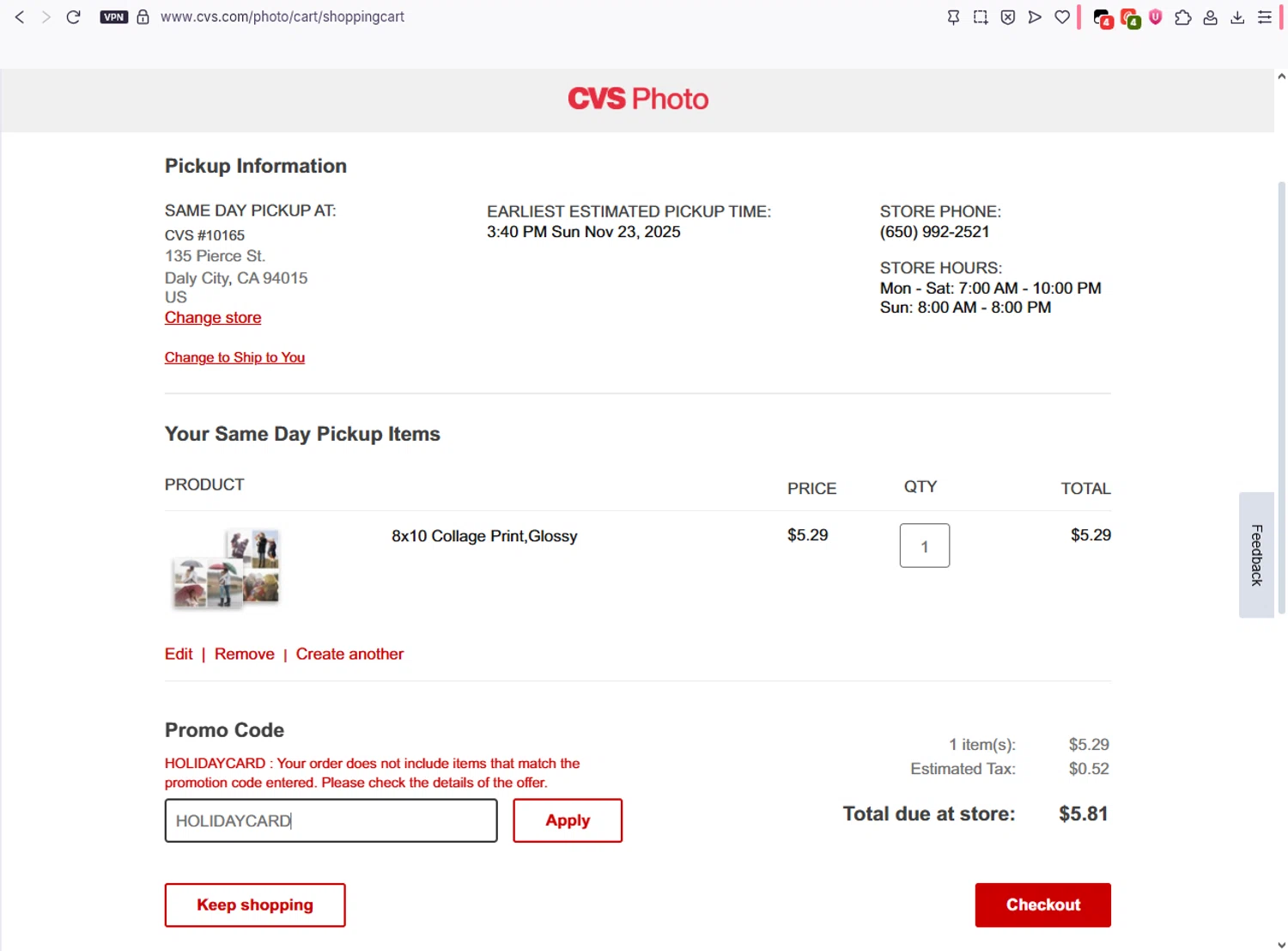 CVS Photo checkout page showing CVS Photo promo code box | Screenshot taken by SimplyCodes community member on Nov 23, 2025