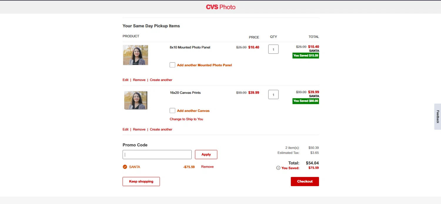 CVS Photo promo code screenshot showing code SANTA applied at CVS Photo checkout page. Uploaded by SimplyCodes community member pradenest_e8ec on Dec 23, 2025