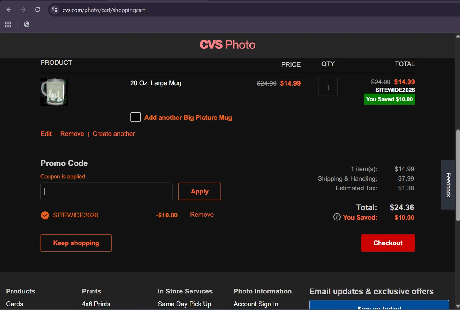 CVS Photo promo code screenshot showing code SITEWIDE2026 applied at CVS Photo checkout page. Uploaded by SimplyCodes community member ScanHunter7116 on Feb 6, 2026