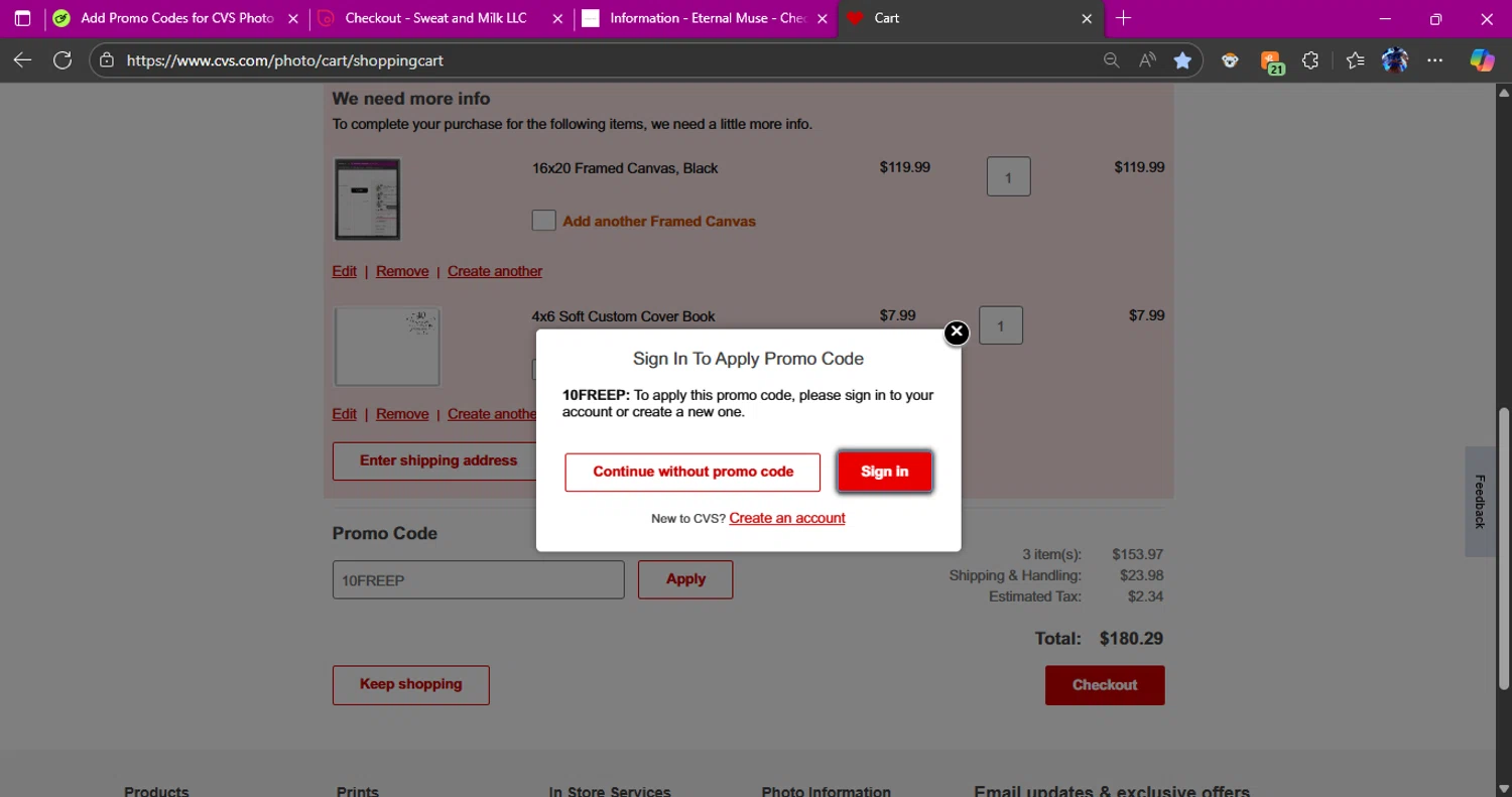 CVS Photo promo code screenshot showing code 10FREEP applied at CVS Photo checkout page. Uploaded by SimplyCodes community member Alichi04 on Aug 22, 2025