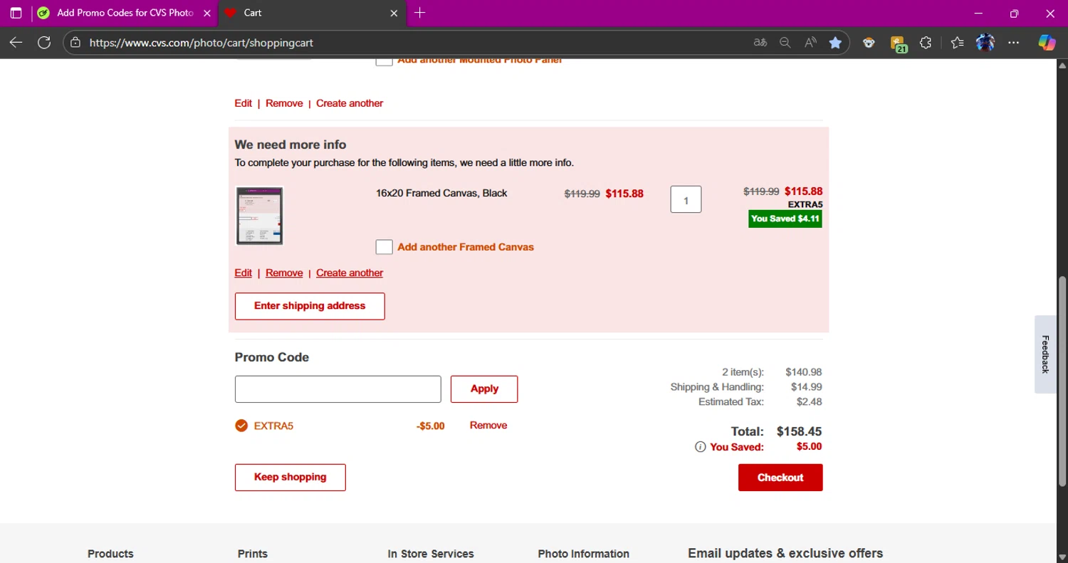 CVS Photo promo code screenshot showing code EXTRA5 applied at CVS Photo checkout page. Uploaded by SimplyCodes community member Alichi04 on Aug 20, 2025