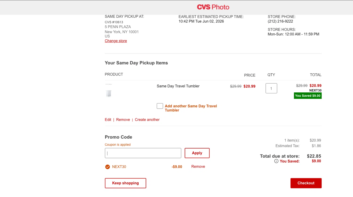 CVS Photo promo code screenshot showing code NEXT30 applied at CVS Photo checkout page. Uploaded by SimplyCodes community member ELOIN777 on Jun 3, 2026