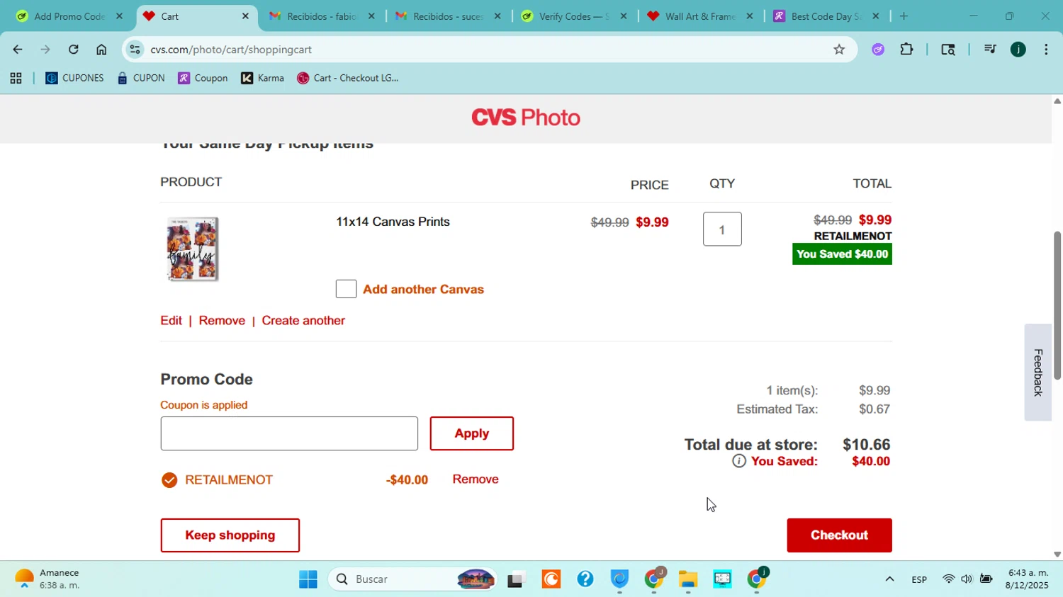 CVS Photo promo code screenshot showing code RETAILMENOT applied at CVS Photo checkout page. Uploaded by SimplyCodes community member jorgejavierherrera on Dec 8, 2025