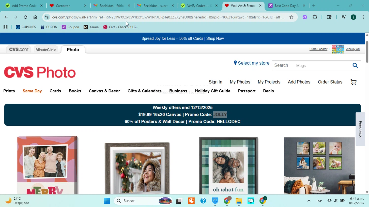 CVS Photo promo code screenshot showing code JOLLY applied at CVS Photo checkout page. Uploaded by SimplyCodes community member jorgejavierherrera on Dec 8, 2025
