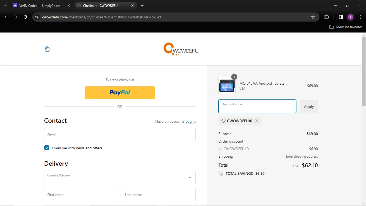 CWOWDEFU checkout page showing CWOWDEFU promo code box | Screenshot taken by SimplyCodes community member on Feb 21, 2024