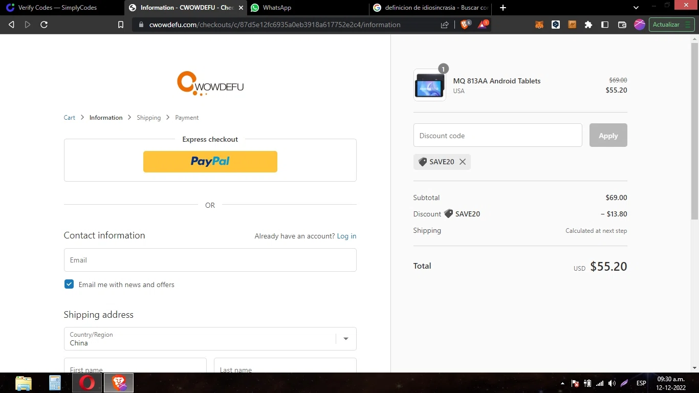 CWOWDEFU checkout page showing CWOWDEFU promo code box | Screenshot taken by SimplyCodes community member on Dec 12, 2022