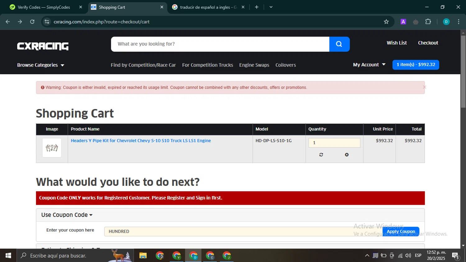 CXRacing coupon code screenshot showing code HUNDRED applied at CXRacing checkout page. Uploaded by SimplyCodes community member WonderHawk4190 on Feb 20, 2025