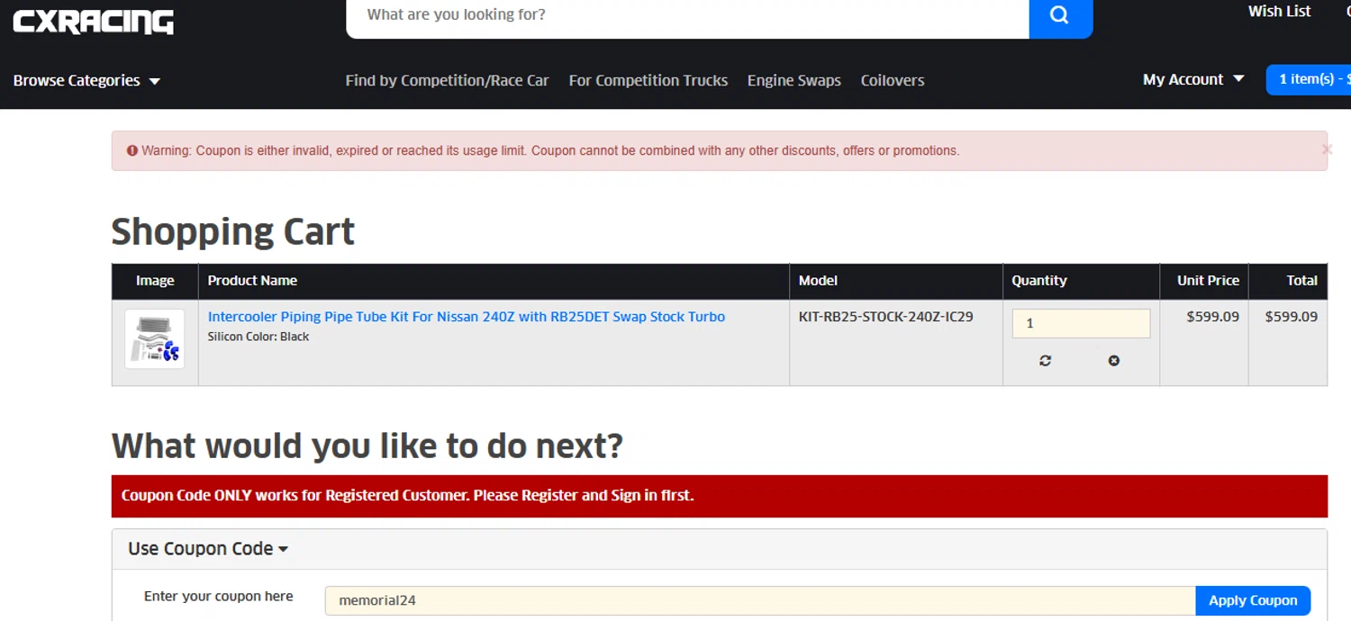 CXRacing coupon code screenshot showing code memorial24 applied at CXRacing checkout page. Uploaded by SimplyCodes community member Woskal on Mar 25, 2025