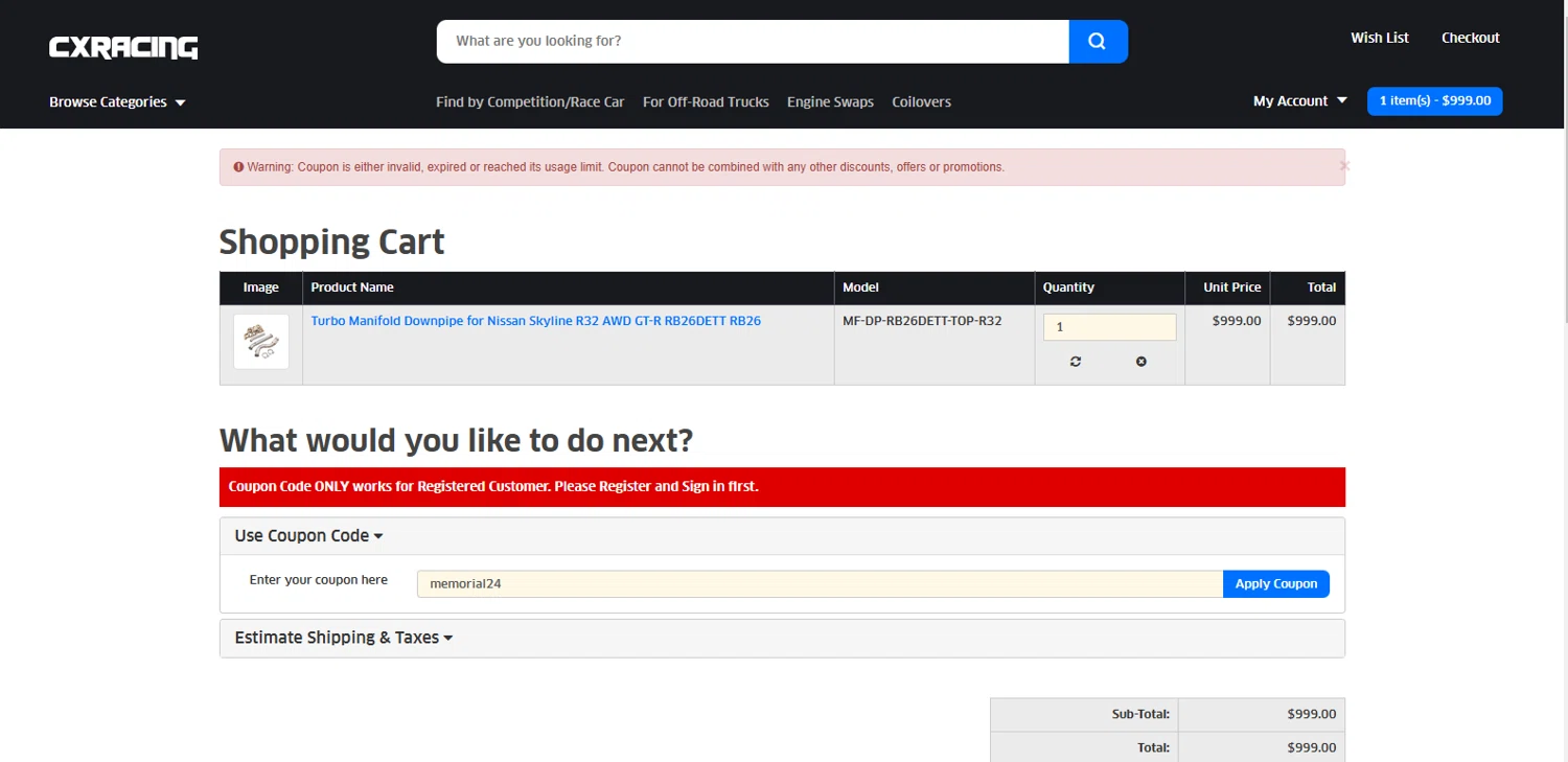 CXRacing coupon code screenshot showing code memorial24 applied at CXRacing checkout page. Uploaded by SimplyCodes community member kalltrom21 on Dec 27, 2024