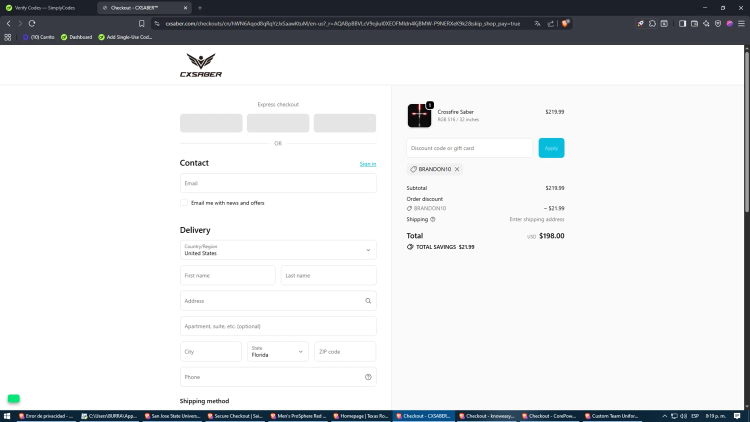 CXSABER discount code screenshot showing code Brandon10 applied at CXSABER checkout page. Uploaded by SimplyCodes community member PegaitoAlas3AM on Dec 8, 2025