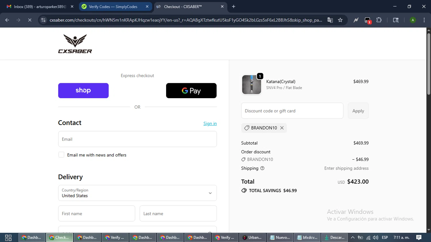 CXSABER discount code screenshot showing code Brandon10 applied at CXSABER checkout page. Uploaded by SimplyCodes community member CashLynx5338 on Nov 27, 2025