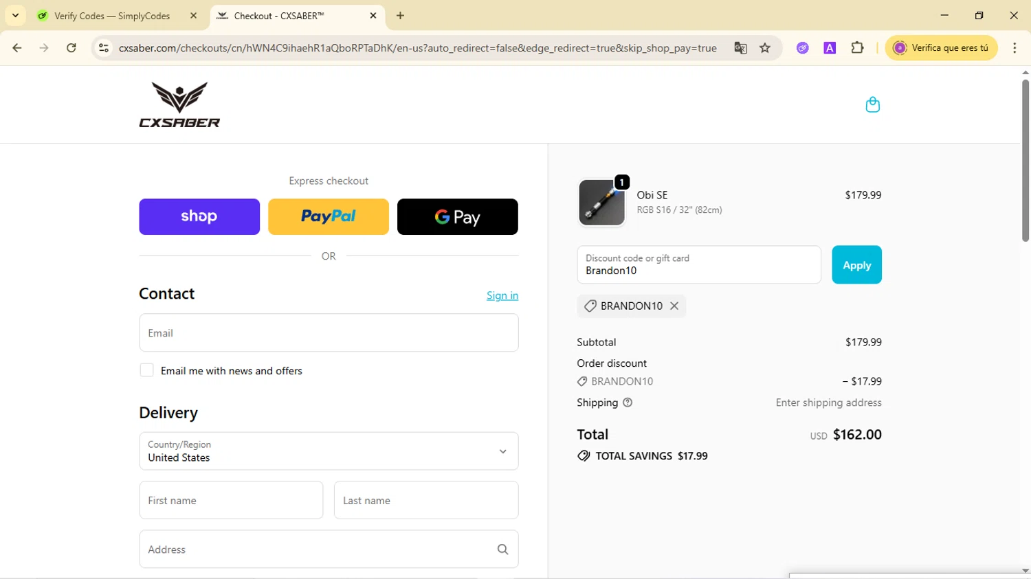 CXSABER discount code screenshot showing code Brandon10 applied at CXSABER checkout page. Uploaded by SimplyCodes community member CodeMaverick246 on Oct 16, 2025
