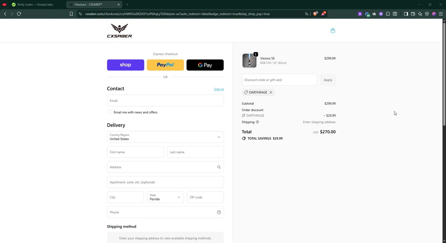 CXSABER discount code screenshot showing code DARTHRAGE applied at CXSABER checkout page. Uploaded by SimplyCodes community member BonusShopper4099 on Oct 9, 2025