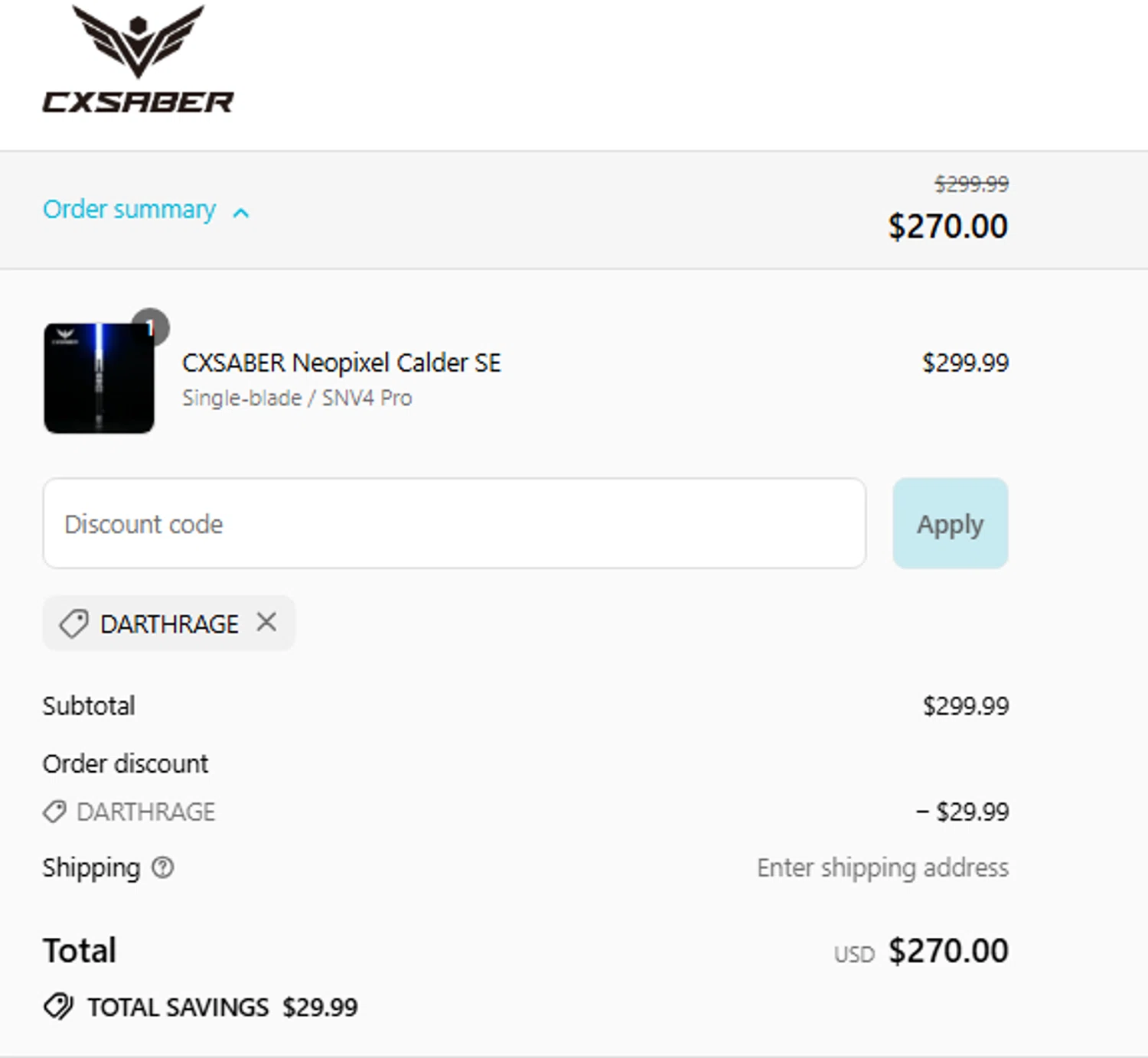 CXSABER discount code screenshot showing code DARTHRAGE applied at CXSABER checkout page. Uploaded by SimplyCodes community member pinkman on Aug 7, 2025