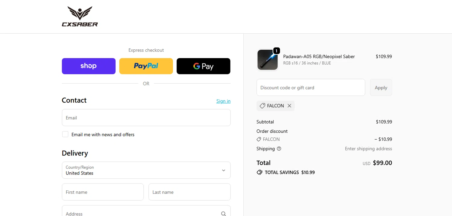 CXSABER discount code screenshot showing code FALCON applied at CXSABER checkout page. Uploaded by SimplyCodes community member CashAce9852 on Oct 9, 2025