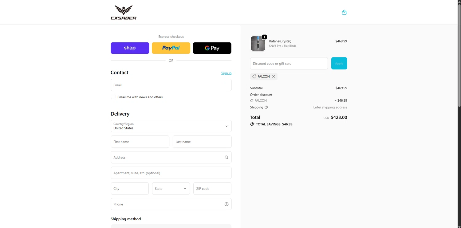 CXSABER discount code screenshot showing code FALCON applied at CXSABER checkout page. Uploaded by SimplyCodes community member VoucherRanger9105 on Dec 7, 2025