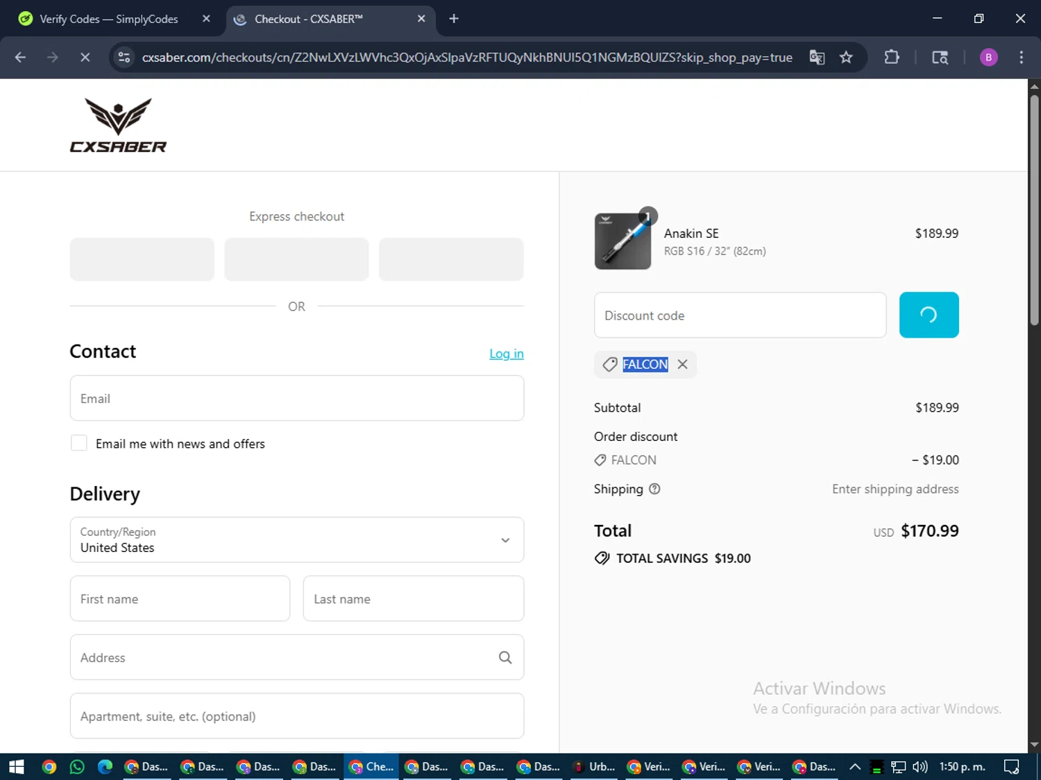 CXSABER discount code screenshot showing code FALCON applied at CXSABER checkout page. Uploaded by SimplyCodes community member travisscott on Jul 12, 2025