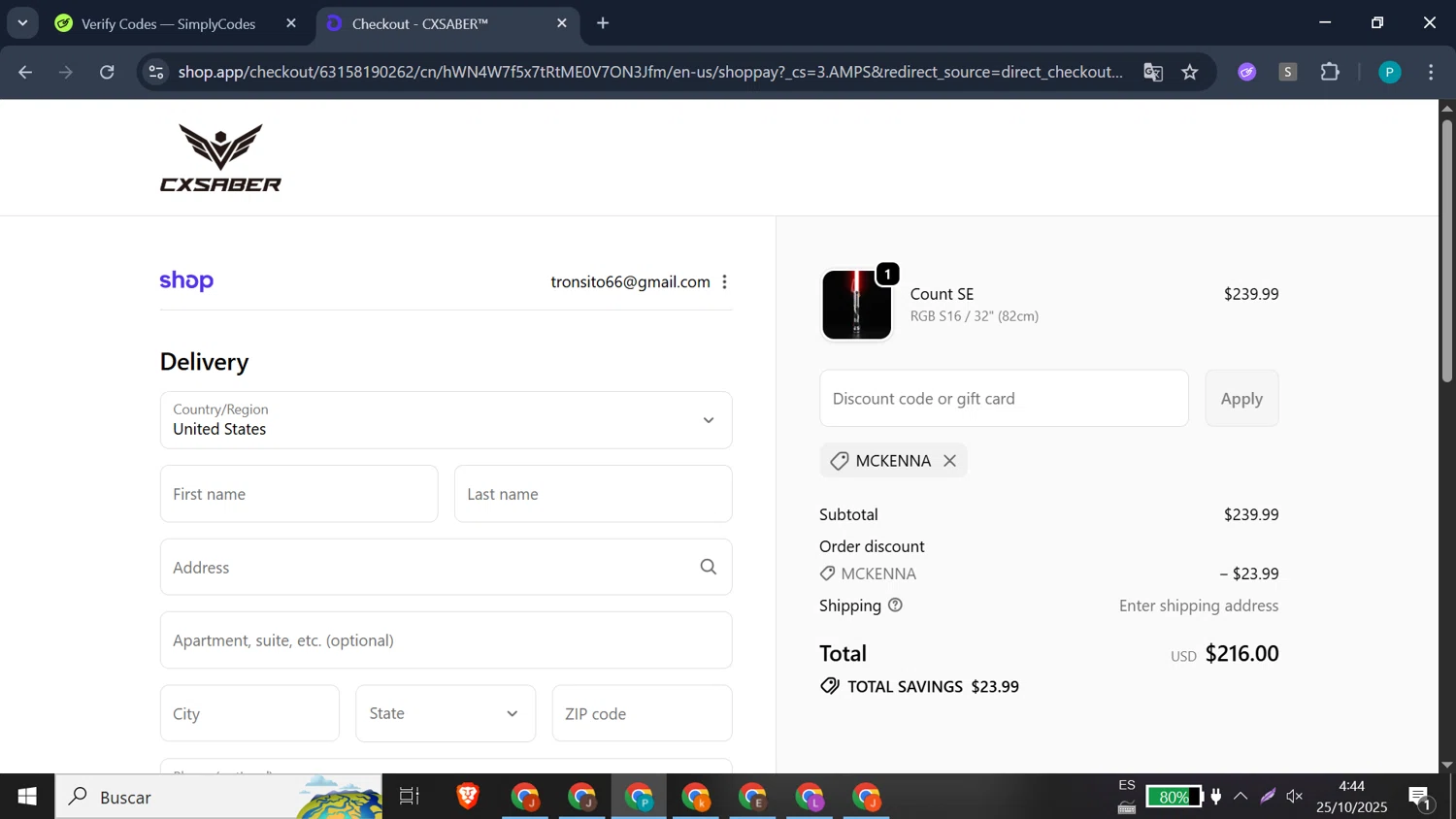 CXSABER discount code screenshot showing code MCKENNA applied at CXSABER checkout page. Uploaded by SimplyCodes community member doriangel3 on Oct 25, 2025
