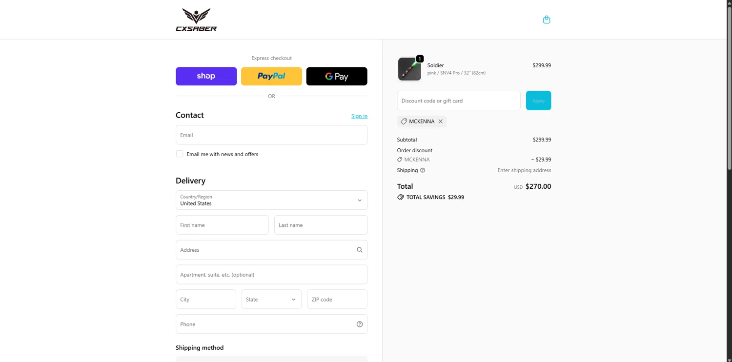 CXSABER discount code screenshot showing code MCKENNA applied at CXSABER checkout page. Uploaded by SimplyCodes community member ScanWarden1089 on Dec 7, 2025