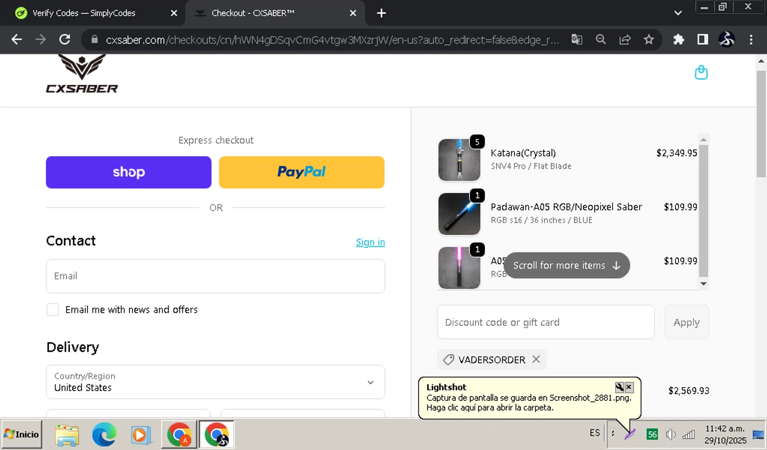 CXSABER discount code screenshot showing code VADERSORDER applied at CXSABER checkout page. Uploaded by SimplyCodes community member SwiftOwl697 on Oct 29, 2025
