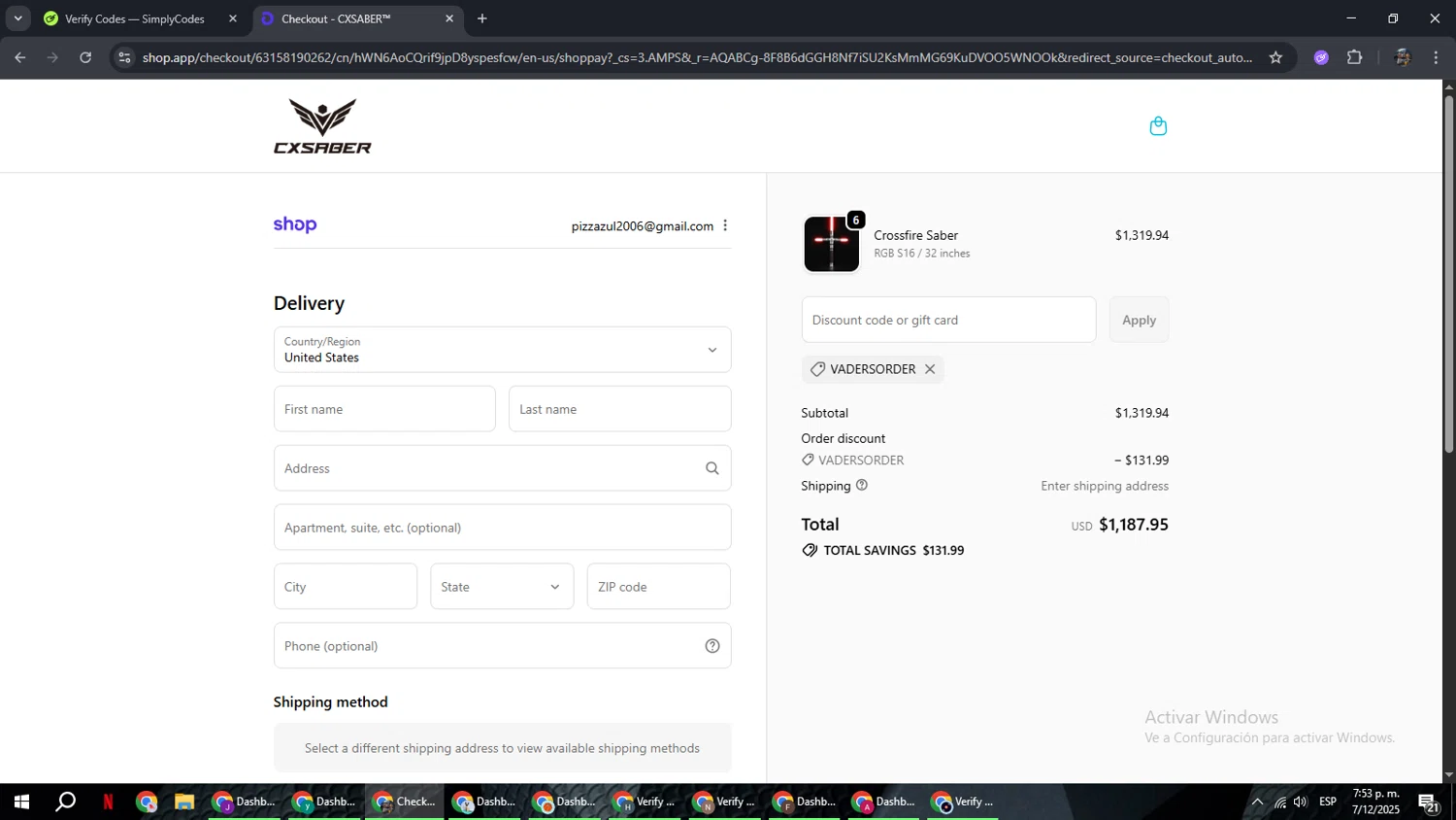 CXSABER discount code screenshot showing code VADERSORDER applied at CXSABER checkout page. Uploaded by SimplyCodes community member xxdddd on Dec 7, 2025