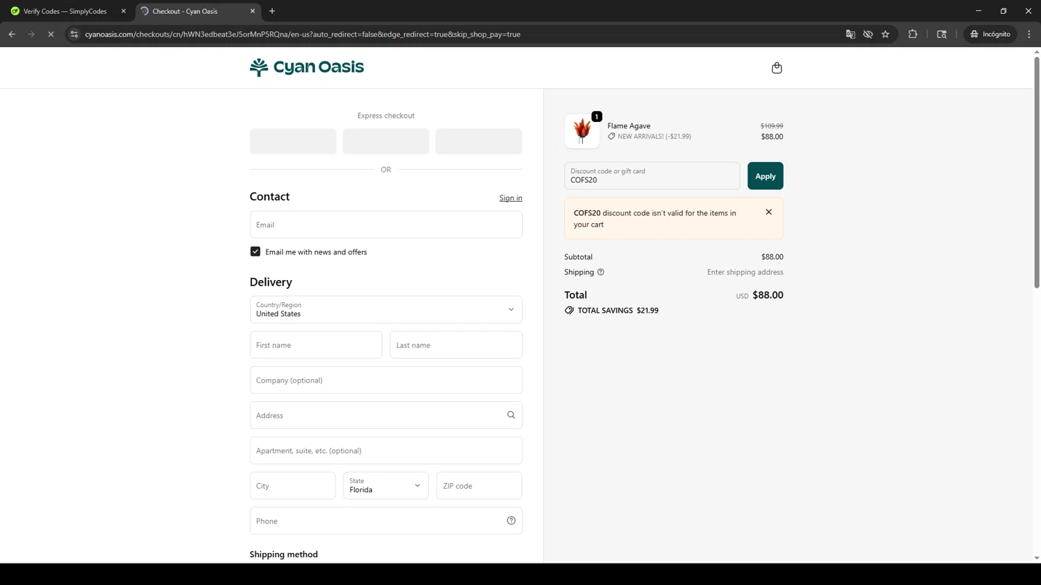 Cyan Oasis discount code screenshot showing code COFS20 applied at Cyan Oasis checkout page. Uploaded by SimplyCodes community member SAKURA on Oct 2, 2025