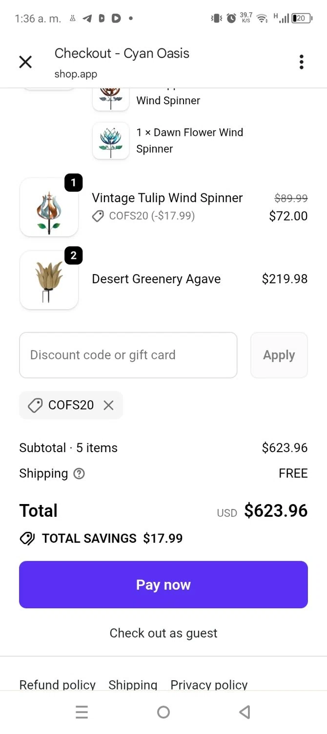 Cyan Oasis discount code screenshot showing code COFS20 applied at Cyan Oasis checkout page. Uploaded by SimplyCodes community member coromotopalmar on Oct 14, 2025