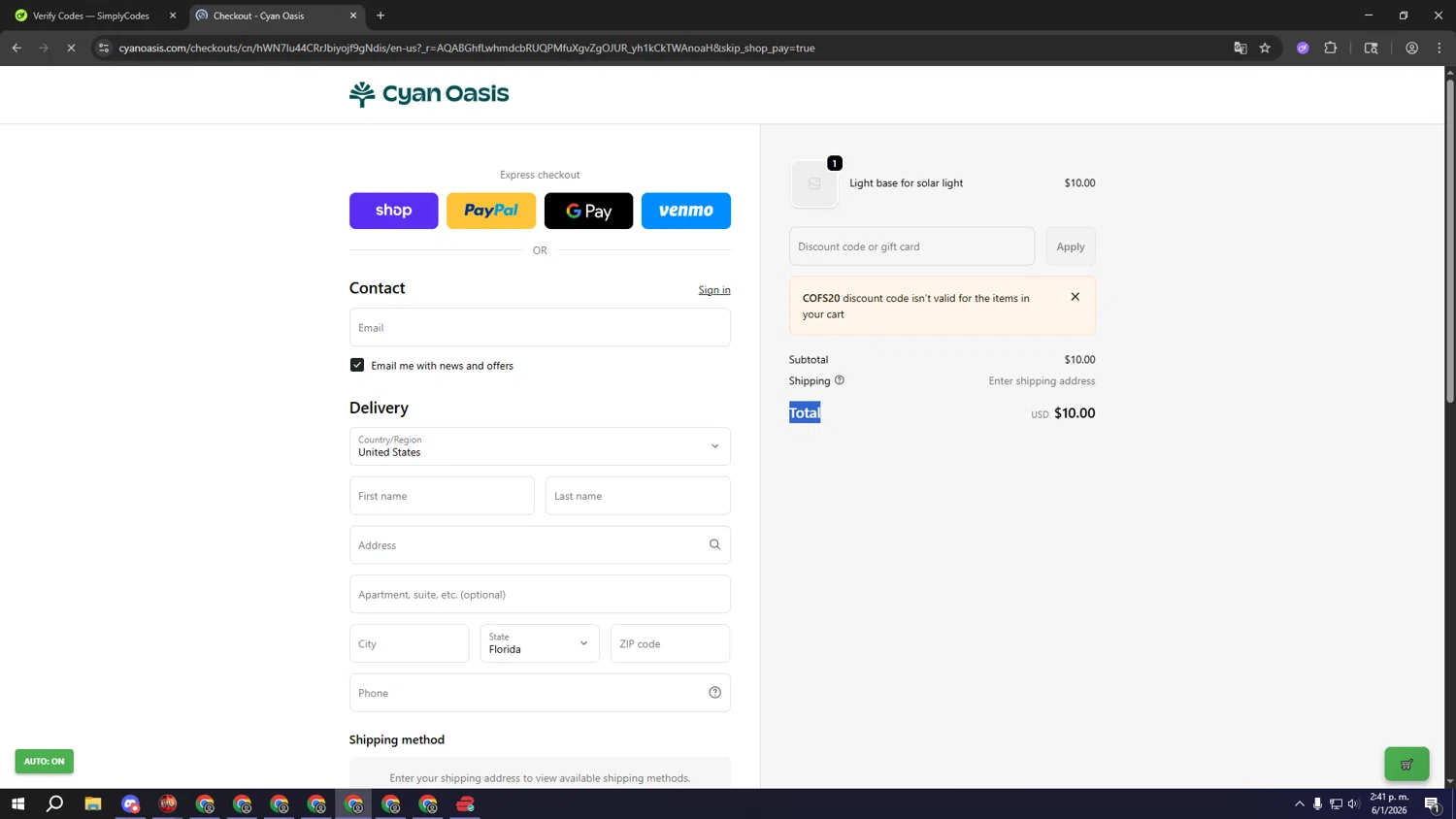 Cyan Oasis checkout page showing Cyan Oasis discount code box | Screenshot taken by SimplyCodes community member on Jan 6, 2026