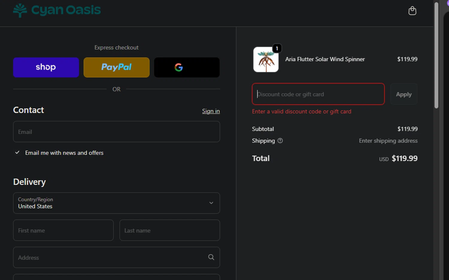 Cyan Oasis discount code screenshot showing code TPHCOTTAGE10 applied at Cyan Oasis checkout page. Uploaded by SimplyCodes community member Pollofrito on Nov 8, 2025