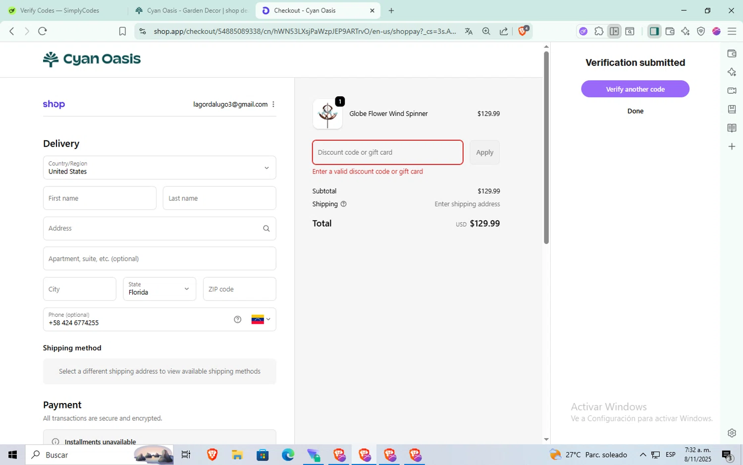 Cyan Oasis discount code screenshot showing code TPHCOTTAGE10 applied at Cyan Oasis checkout page. Uploaded by SimplyCodes community member Puta_madre10 on Nov 8, 2025