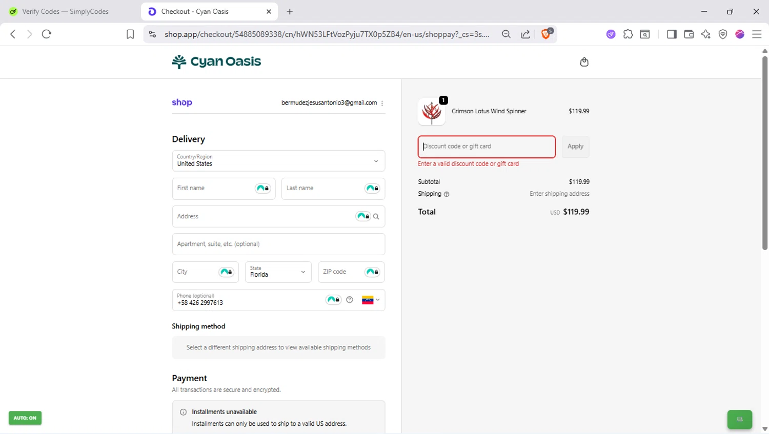 Cyan Oasis discount code screenshot showing code TPHCOTTAGE10 applied at Cyan Oasis checkout page. Uploaded by SimplyCodes community member SapeGato on Nov 8, 2025
