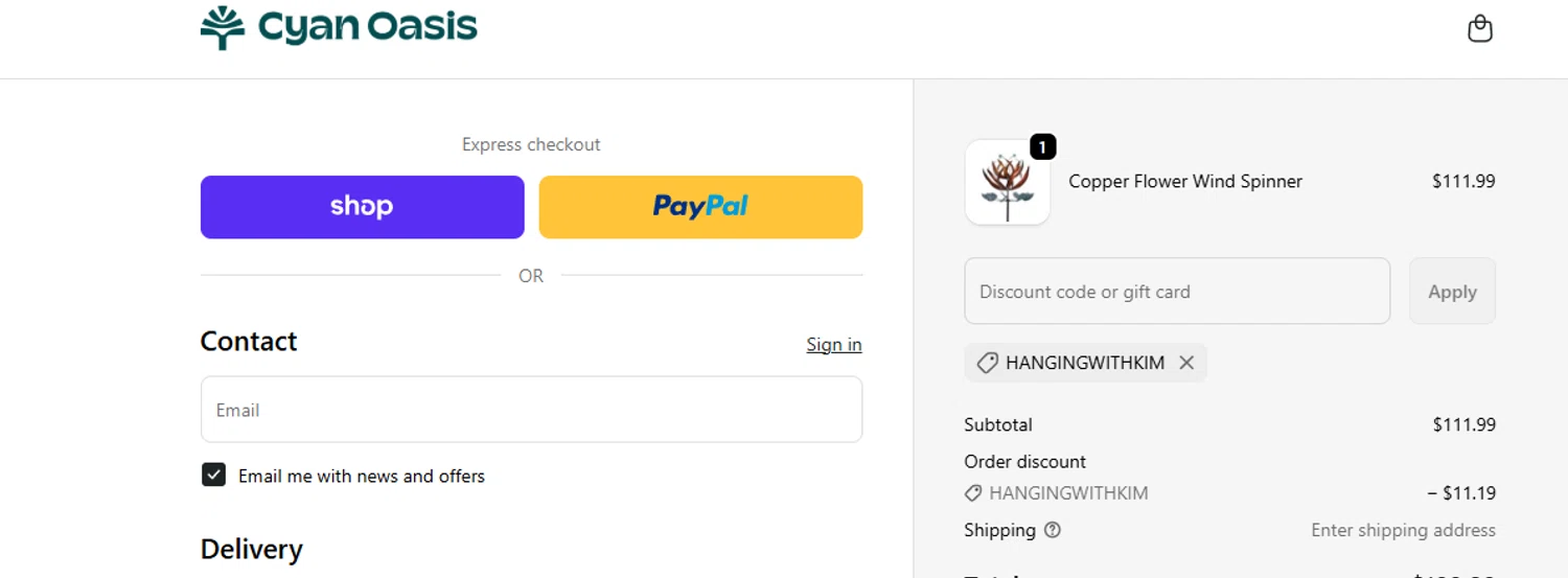 Cyan Oasis discount code screenshot showing code HANGINGWITHKIM applied at Cyan Oasis checkout page. Uploaded by SimplyCodes community member ashe1986 on Oct 8, 2025