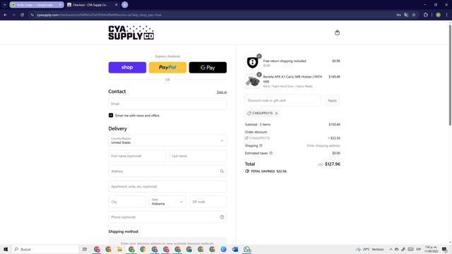 CYA Supply Co checkout page showing CYA Supply Co discount code box | Screenshot taken by SimplyCodes community member on Sep 11, 2025