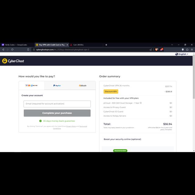 CyberGhost checkout page showing CyberGhost coupon code box | Screenshot taken by SimplyCodes community member on Sep 5, 2023