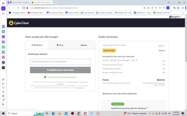 CyberGhost checkout page showing CyberGhost coupon code box | Screenshot taken by SimplyCodes community member on Sep 12, 2023