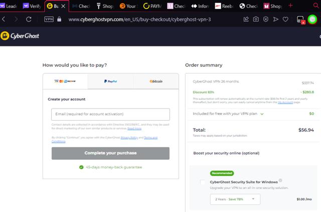 CyberGhost checkout page showing CyberGhost coupon code box | Screenshot taken by SimplyCodes community member on Jan 22, 2024