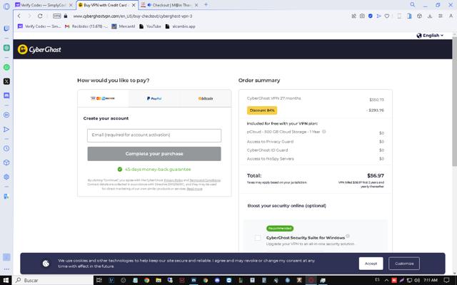 CyberGhost checkout page showing CyberGhost coupon code box | Screenshot taken by SimplyCodes community member on Oct 30, 2023