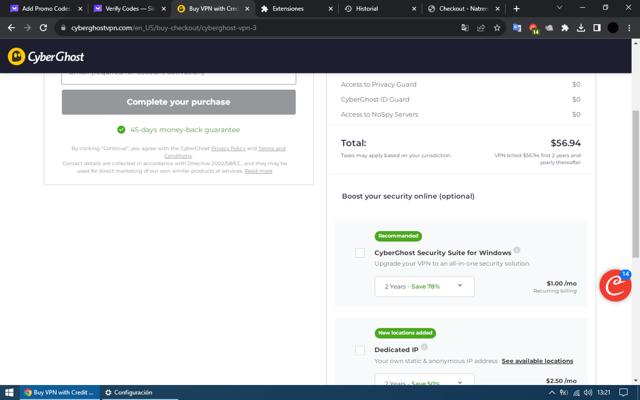 CyberGhost checkout page showing CyberGhost coupon code box | Screenshot taken by SimplyCodes community member on Nov 13, 2023