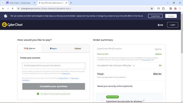 CyberGhost checkout page showing CyberGhost coupon code box | Screenshot taken by SimplyCodes community member on Feb 8, 2024